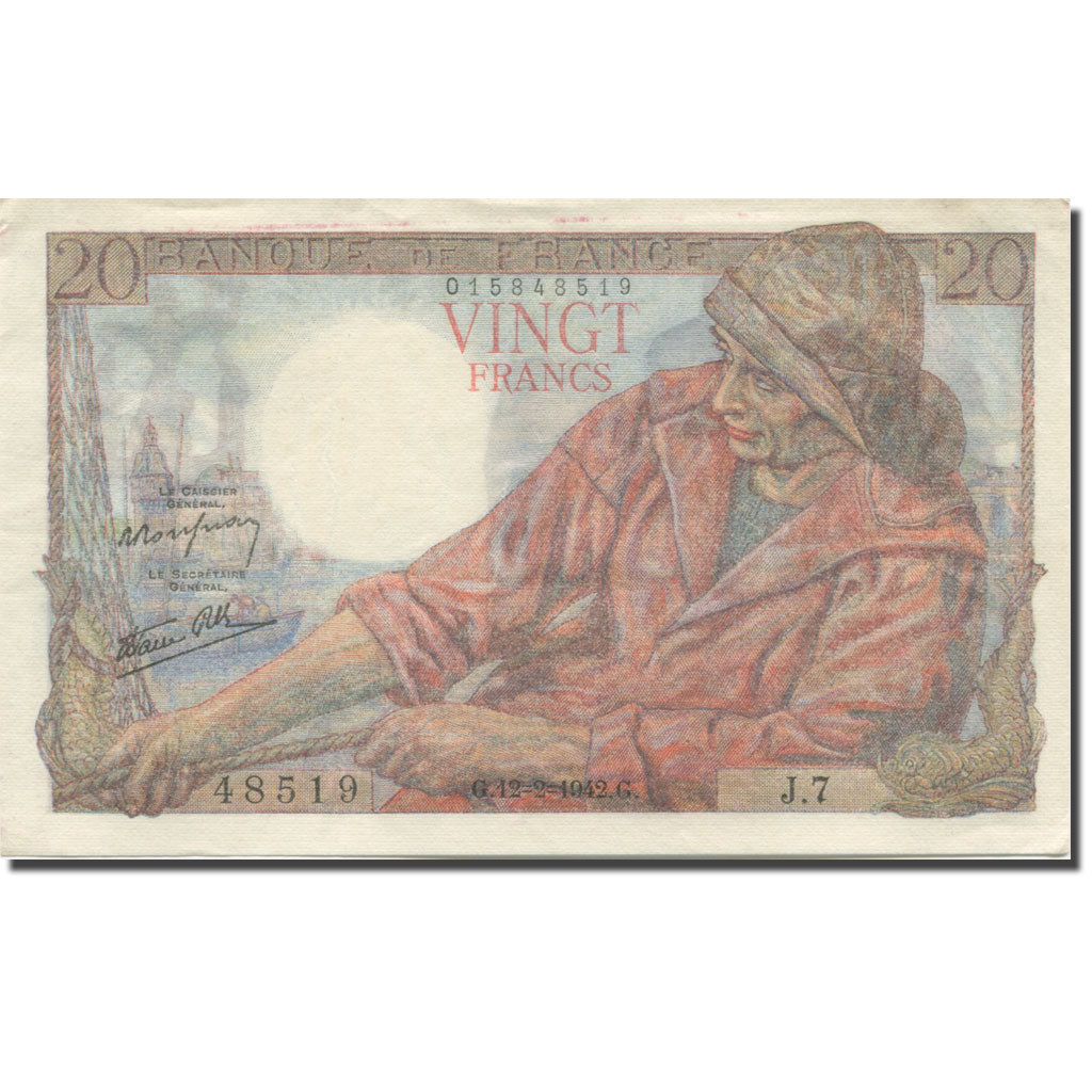 France, 20 Francs, Pêcheur, 1942, 1942-02-12, UNC(60-62), Fayette:13.1, KM:100a