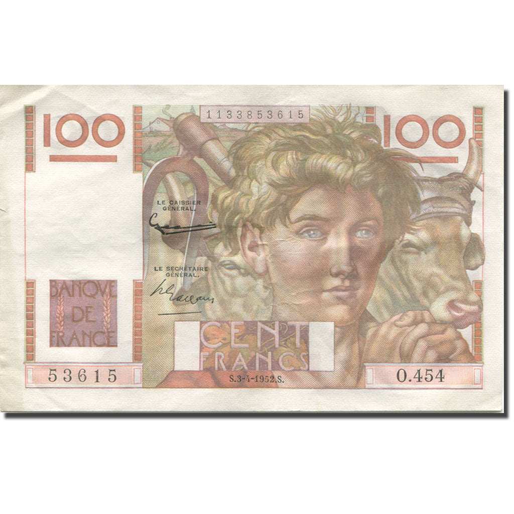 Francja, 100 Francs, Jeune Paysan, 1952, 1952-04-03, VF(20-25), Fayette:28.35