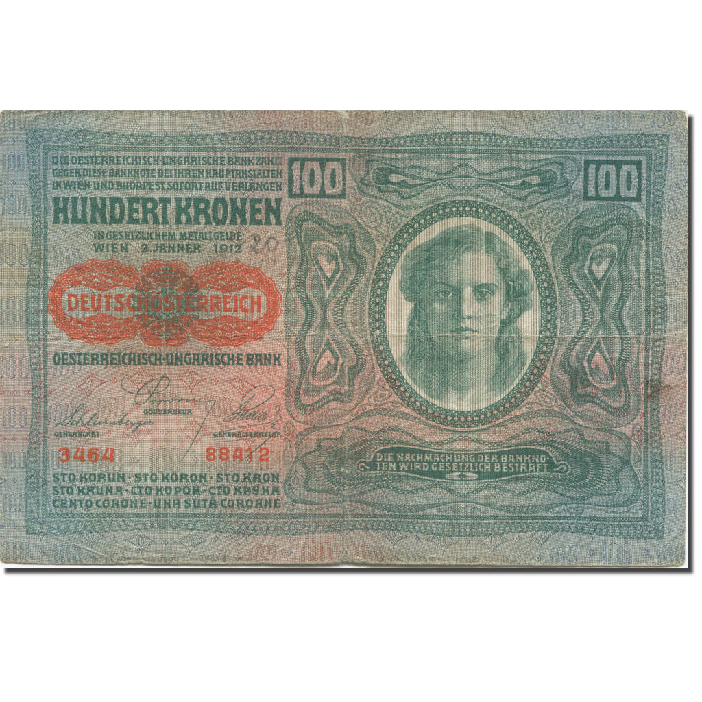 Banknote, Austria, 100 Kronen, 1919, Old Date : 02.01.1912 (1919)., KM:56
