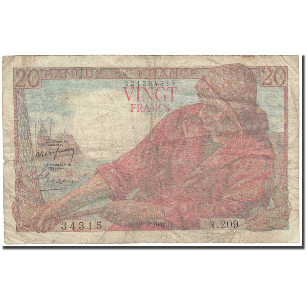 France, 20 Francs, Pêcheur, 1949, 1949-03-10, VG(8-10), Fayette:13.14, KM:100c