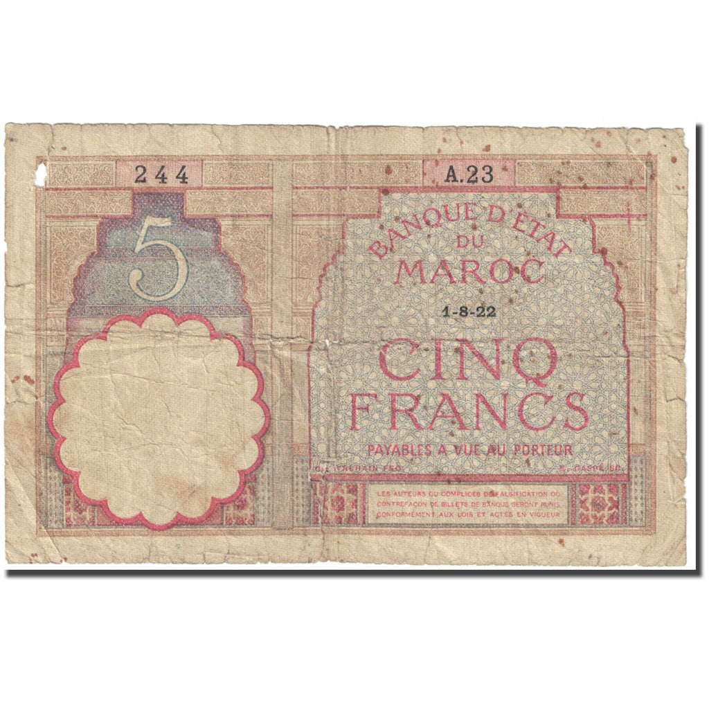 Banknote, Morocco, 5 Francs, 1922, 1922-08-01, KM:23Aa, AG(1-3)