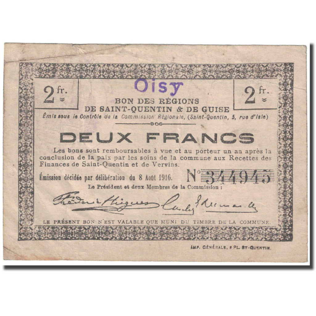 France, Oisy, 2 Francs, 1916, VF(20-25), Pirot:02-1704