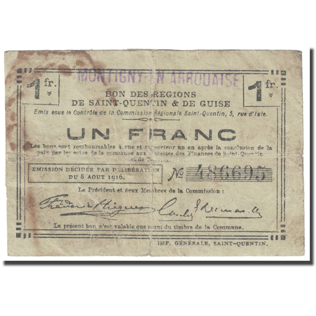Francia, Montigny En Arrouaise, 1 Franc, 1916, MB, Pirot:02-1592