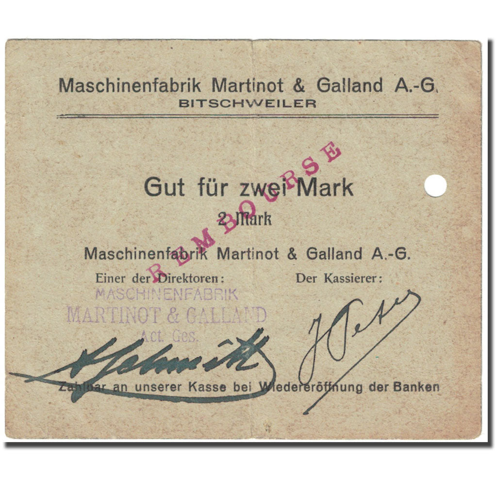 France, Bitschweiler, 2 Mark, Rembourse, VF(20-25), Pirot:68-42