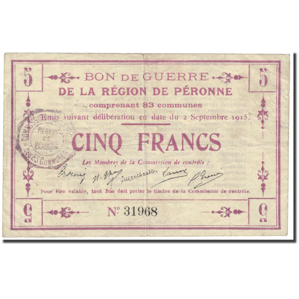 Frankrijk, Peronne, 5 Francs, 1915, Prisonniers de Guerre, TB, Pirot:80-416