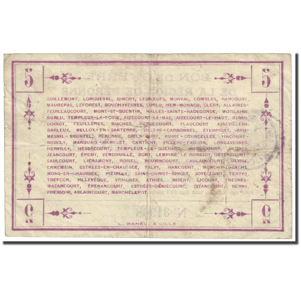 Frankrijk, Peronne, 5 Francs, 1915, Prisonniers de Guerre, TB, Pirot:80-416