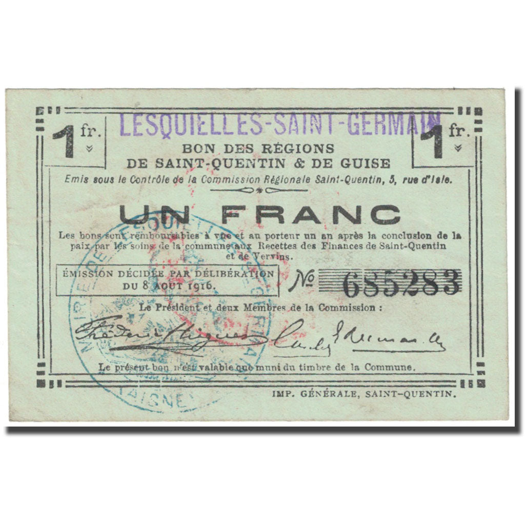 France, Lesquielles-Saint-Germain, 1 Franc, 1916, EF(40-45), Pirot:02-1368