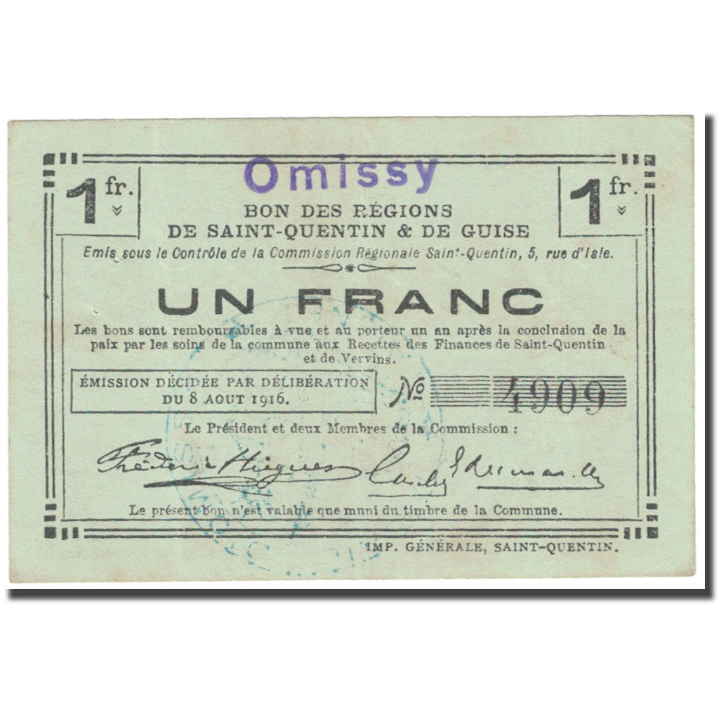 France, Omissy, 1 Franc, 1916, EF(40-45), Pirot:02-1723