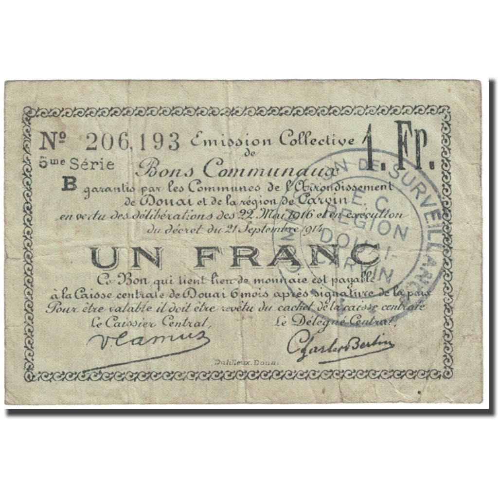 France, Douai, 1 Franc, 1916, VG(8-10), Pirot:59-749