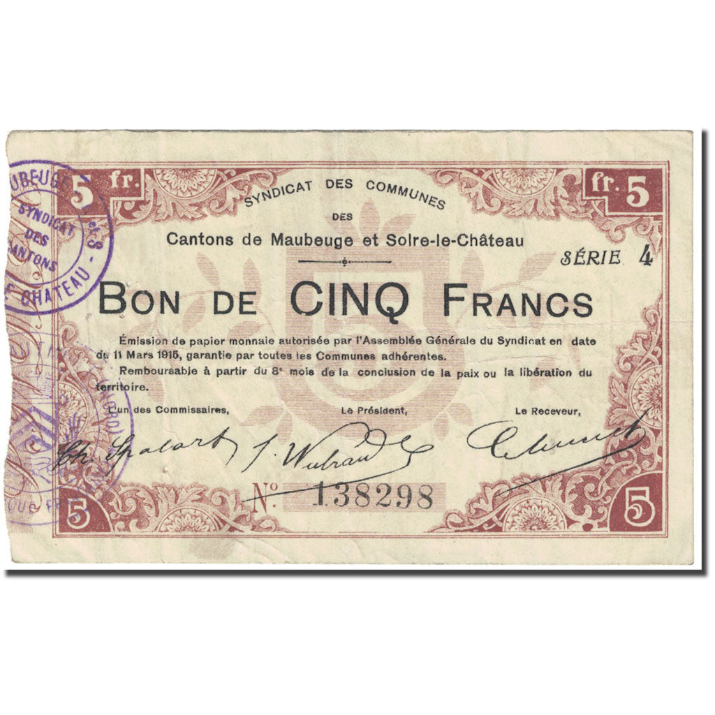 Francia, Maubeuge & Solre-le-Château, 5 Francs, 1915, B, Pirot:59-1818