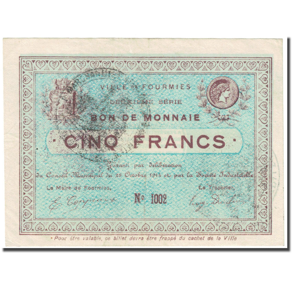 Frankreich, Fourmies, 5 Francs, 1914, Bon de Monnaie, VZ, Pirot:59-1099