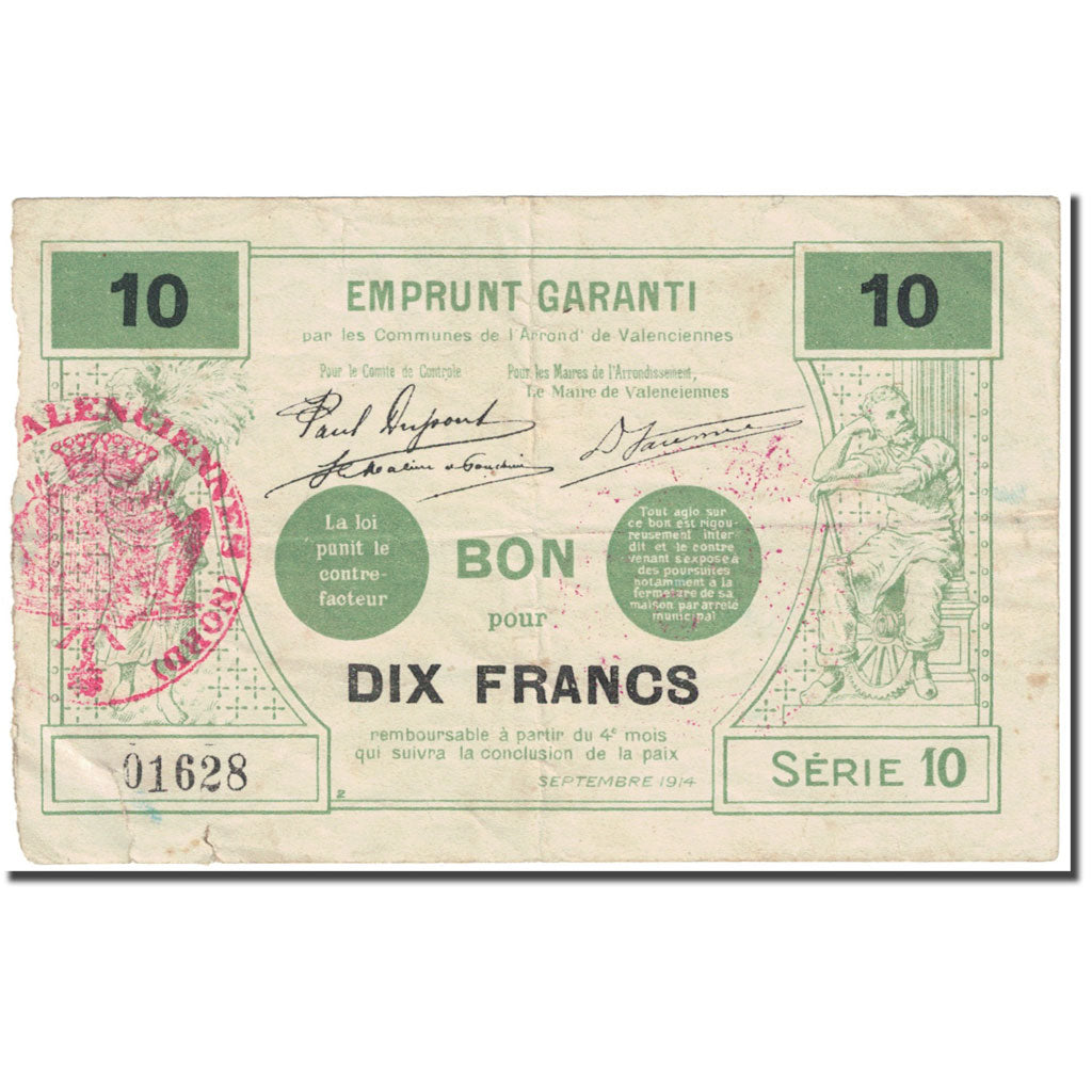 France, Valenciennes, 10 Francs, 1914, Bon Pour, VG(8-10), Pirot:59-2546
