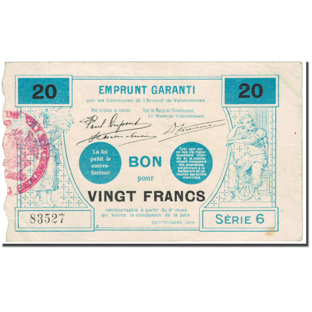 Francia, Valenciennes, 20 Francs, 1914, Bon Pour, MB, Pirot:59-2547