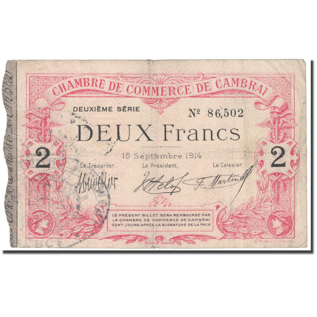Francia, Cambrai, 2 Francs, 1914, Chambre de Commerce, RC, Pirot:37-13