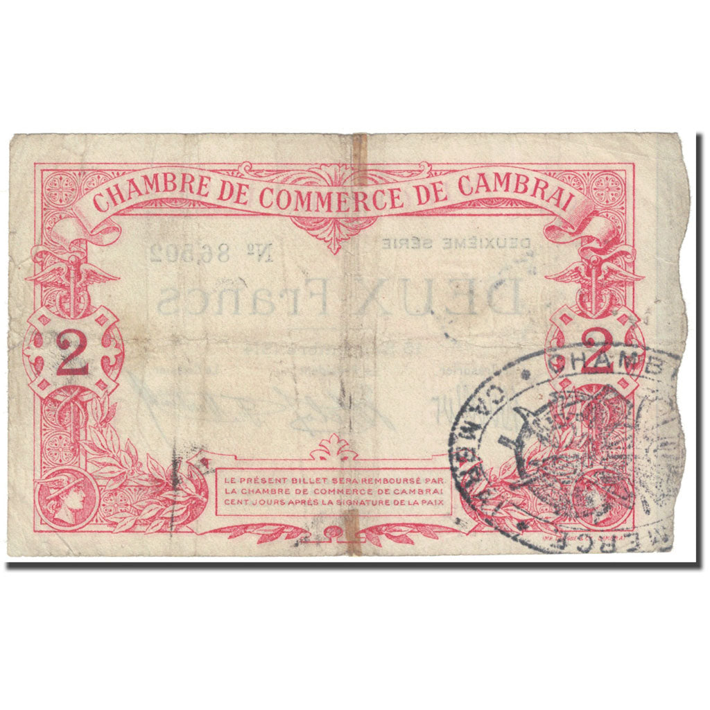 Francia, Cambrai, 2 Francs, 1914, Chambre de Commerce, RC, Pirot:37-13