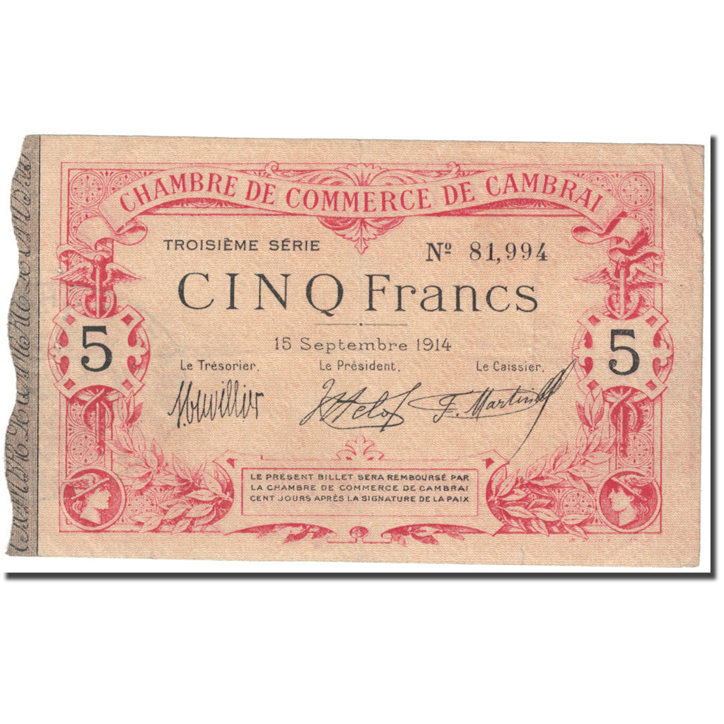 Frankrijk, Cambrai, 5 Francs, 1914, Chambre de Commerce, TB, Pirot:37-24