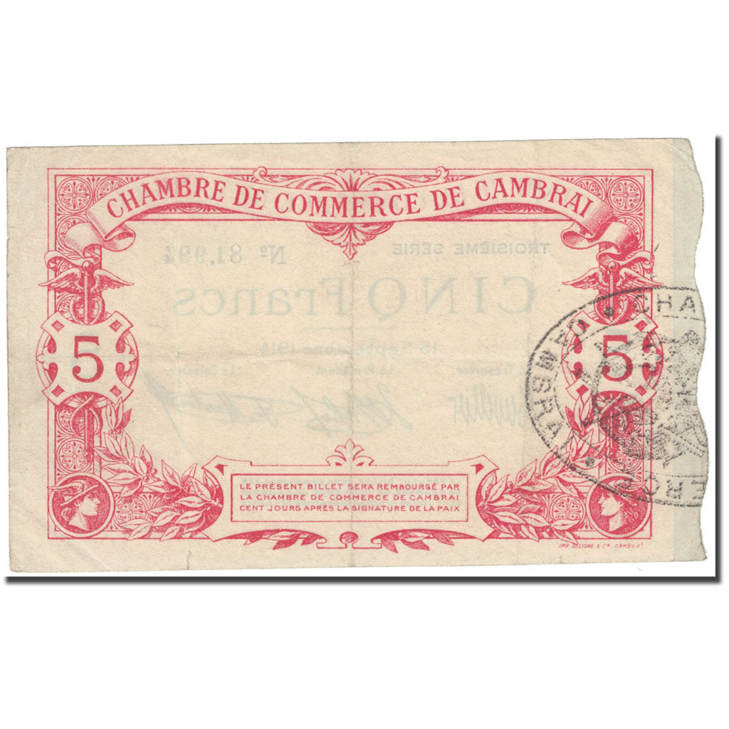 Frankrijk, Cambrai, 5 Francs, 1914, Chambre de Commerce, TB, Pirot:37-24
