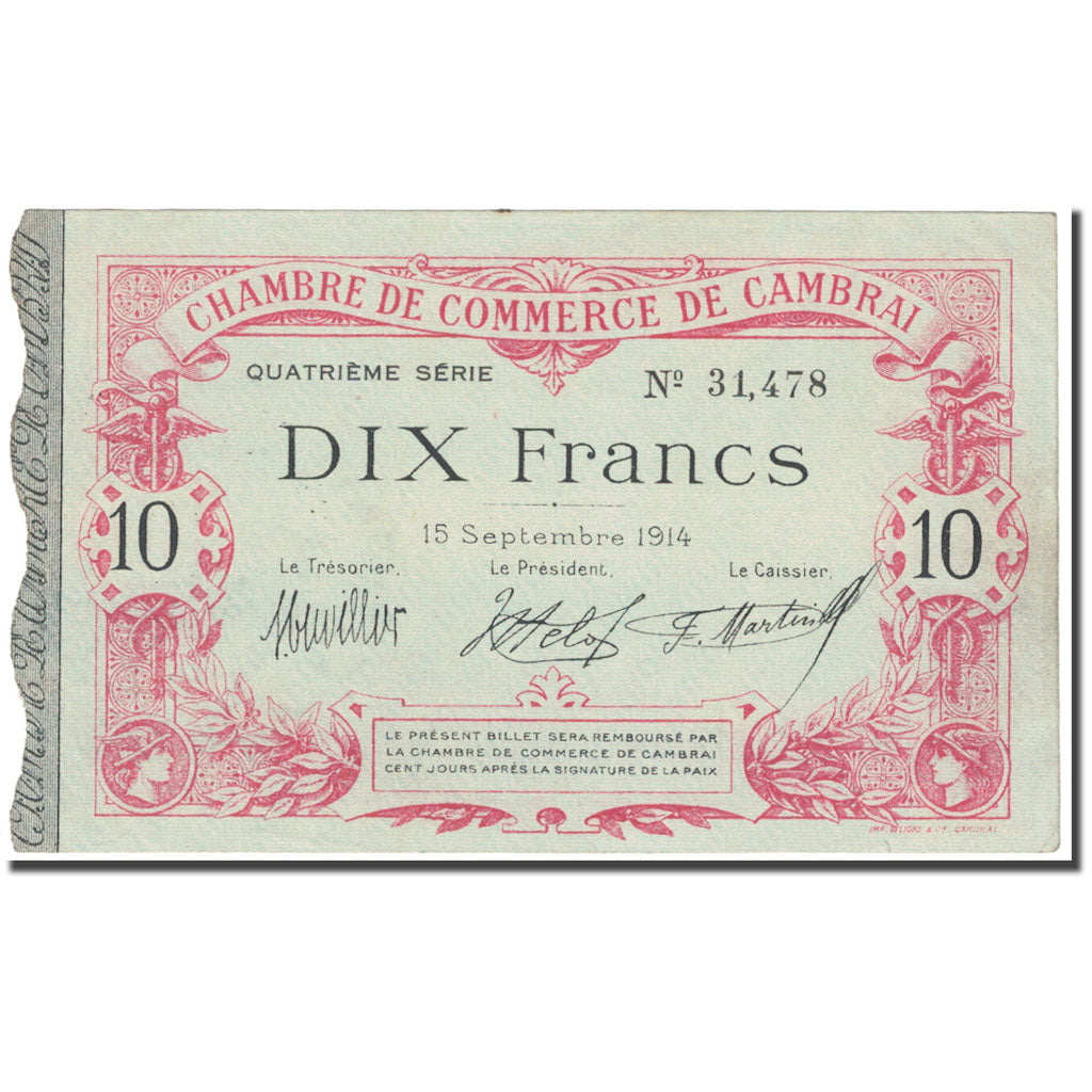 France, Cambrai, 10 Francs, 1914, Chambre de Commerce, TTB, Pirot:37-32