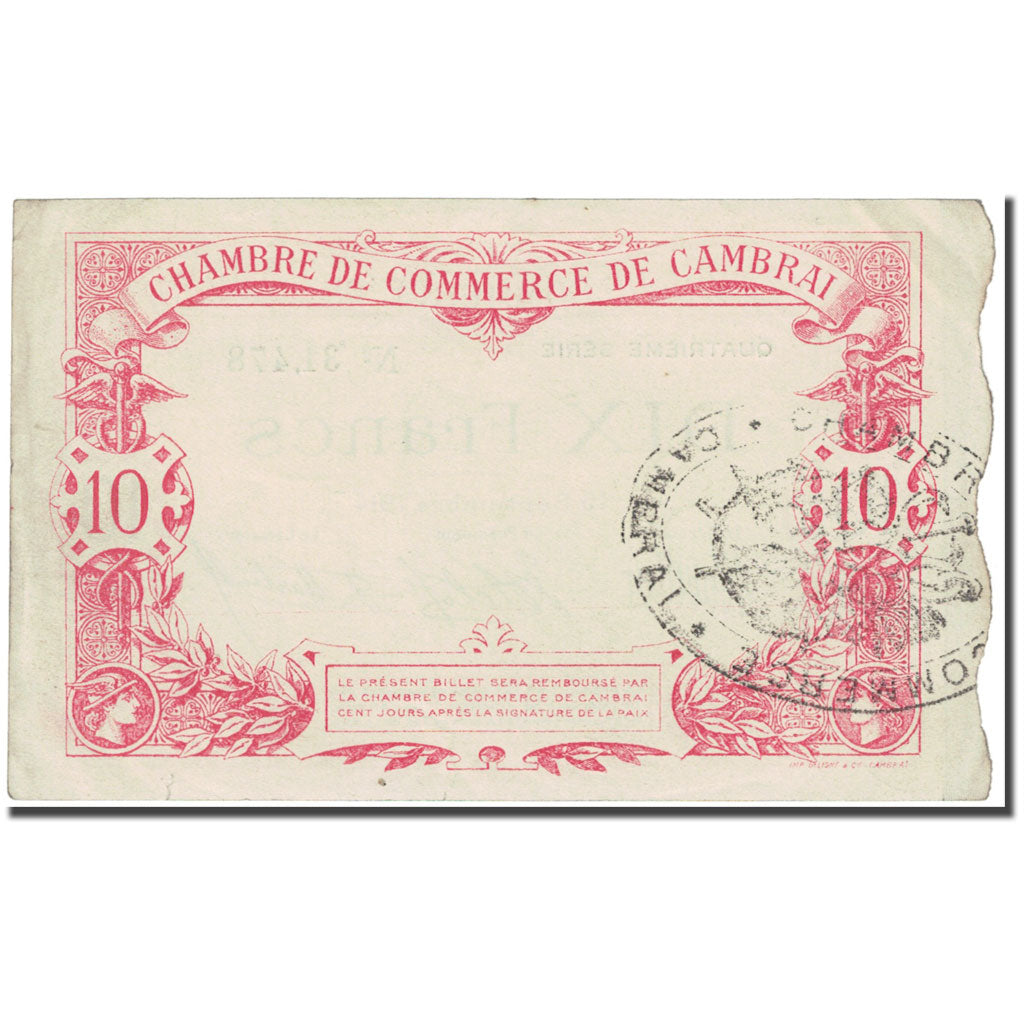 France, Cambrai, 10 Francs, 1914, Chambre de Commerce, TTB, Pirot:37-32