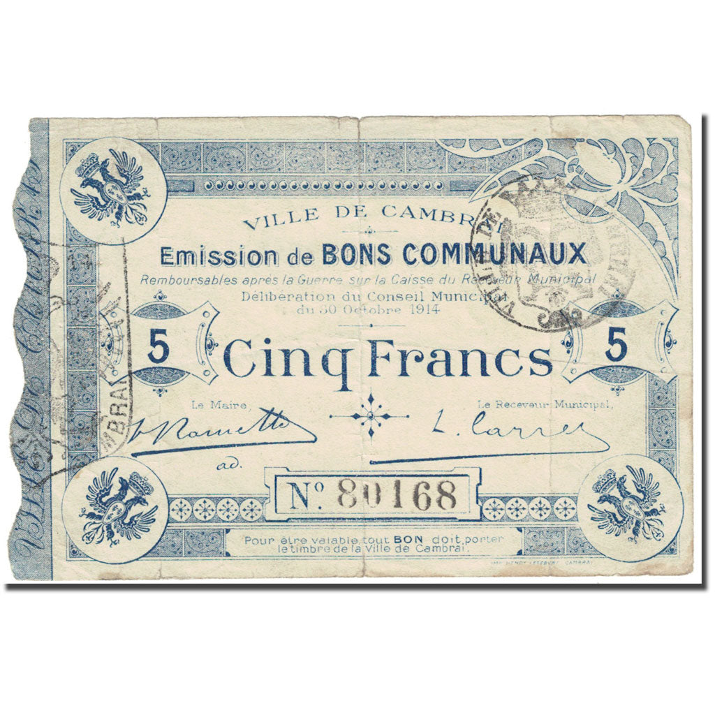 Francia, Cambrai, 5 Francs, 1914, Bons Communaux, B, Pirot:59-445