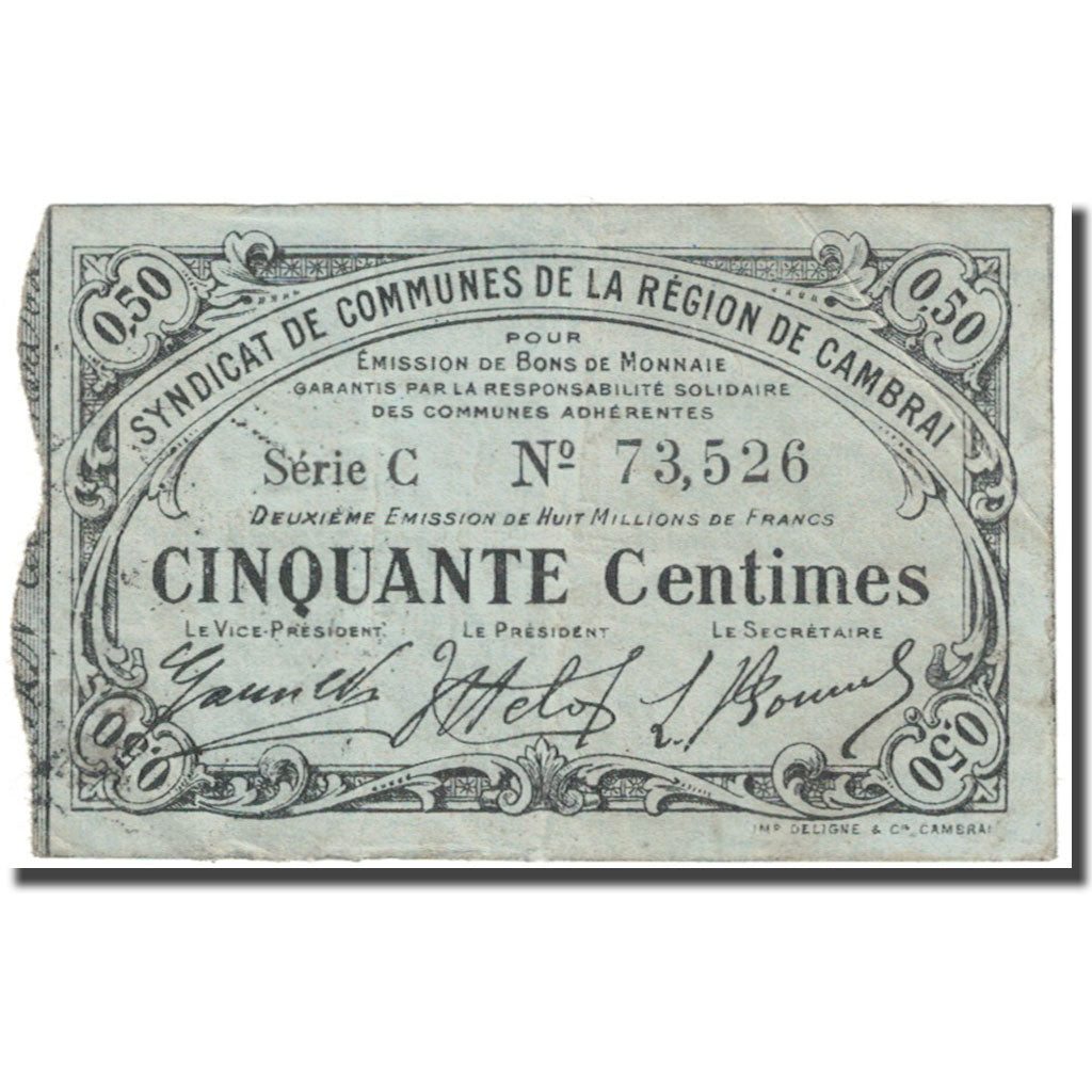 Francia, Cambrai, 50 Centimes, 1916, Syndicat de communes, BC, Pirot:59-485