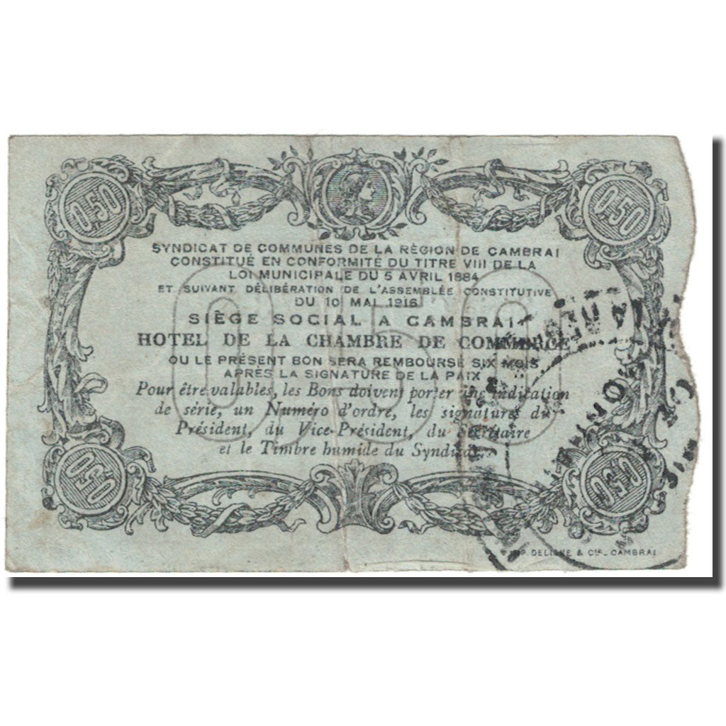 Francia, Cambrai, 50 Centimes, 1916, Syndicat de communes, BC, Pirot:59-485