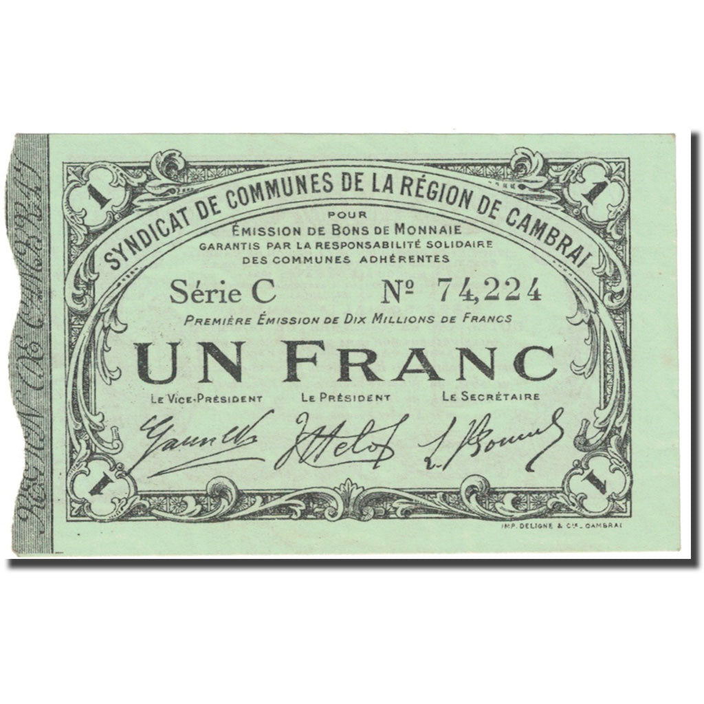 France, Cambrai, 1 Franc, 1916, Syndicat de communes, AU(55-58), Pirot:59-469