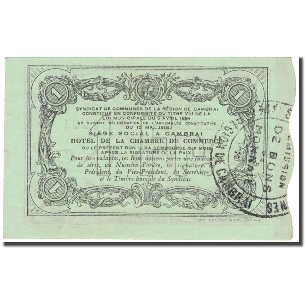 France, Cambrai, 1 Franc, 1916, Syndicat de communes, AU(55-58), Pirot:59-469