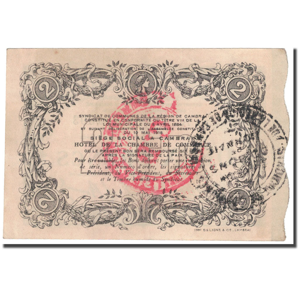 France, Cambrai, 2 Francs, 1916, Syndicat de communes, EF(40-45), Pirot:59-487