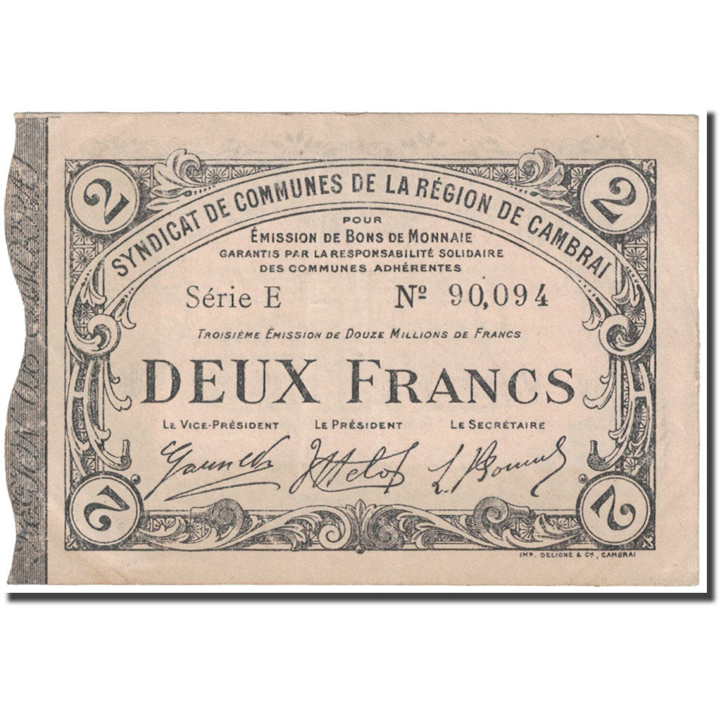 Francia, Cambrai, 2 Francs, 1916, Syndicat de communes, MBC, Pirot:59-492