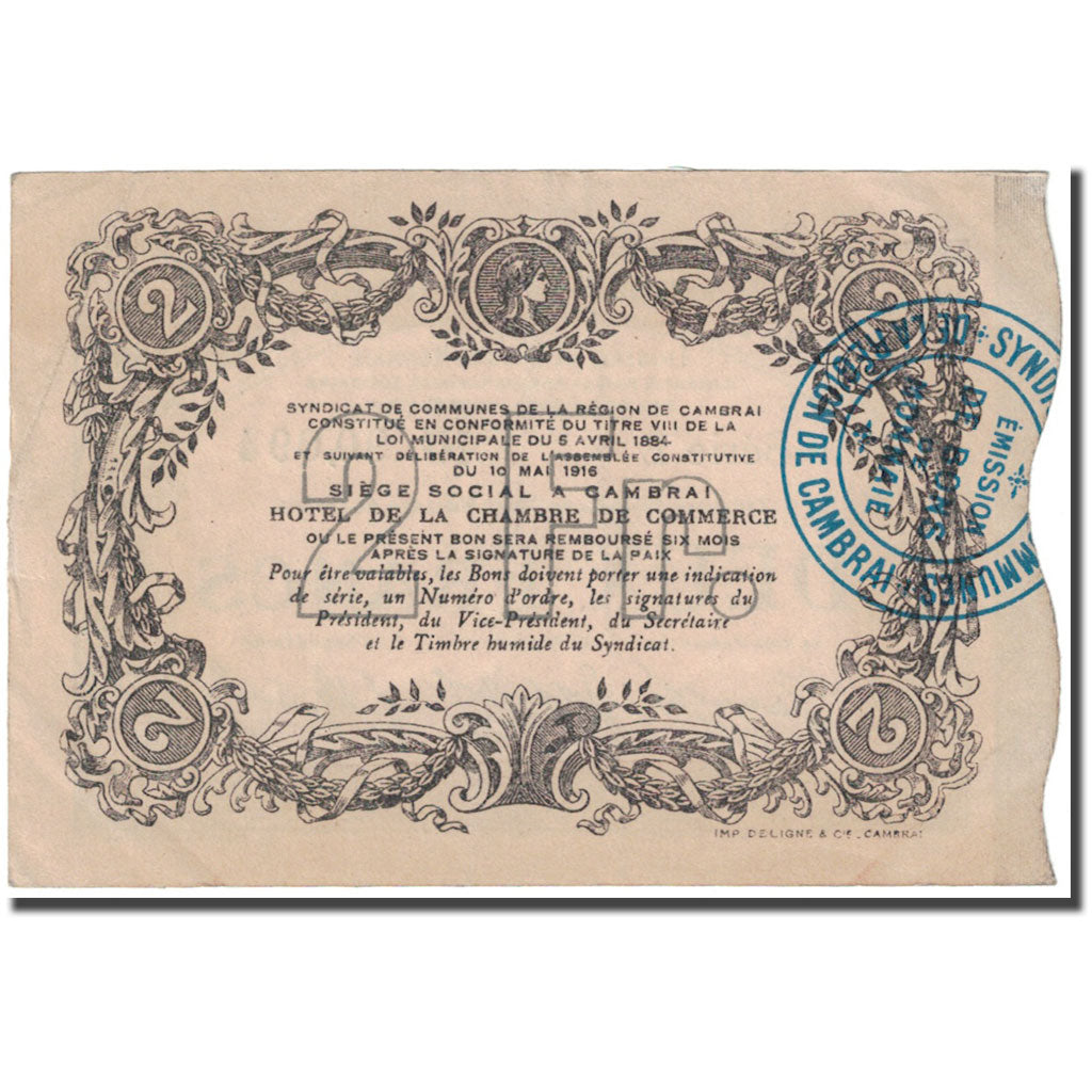 Francia, Cambrai, 2 Francs, 1916, Syndicat de communes, MBC, Pirot:59-492