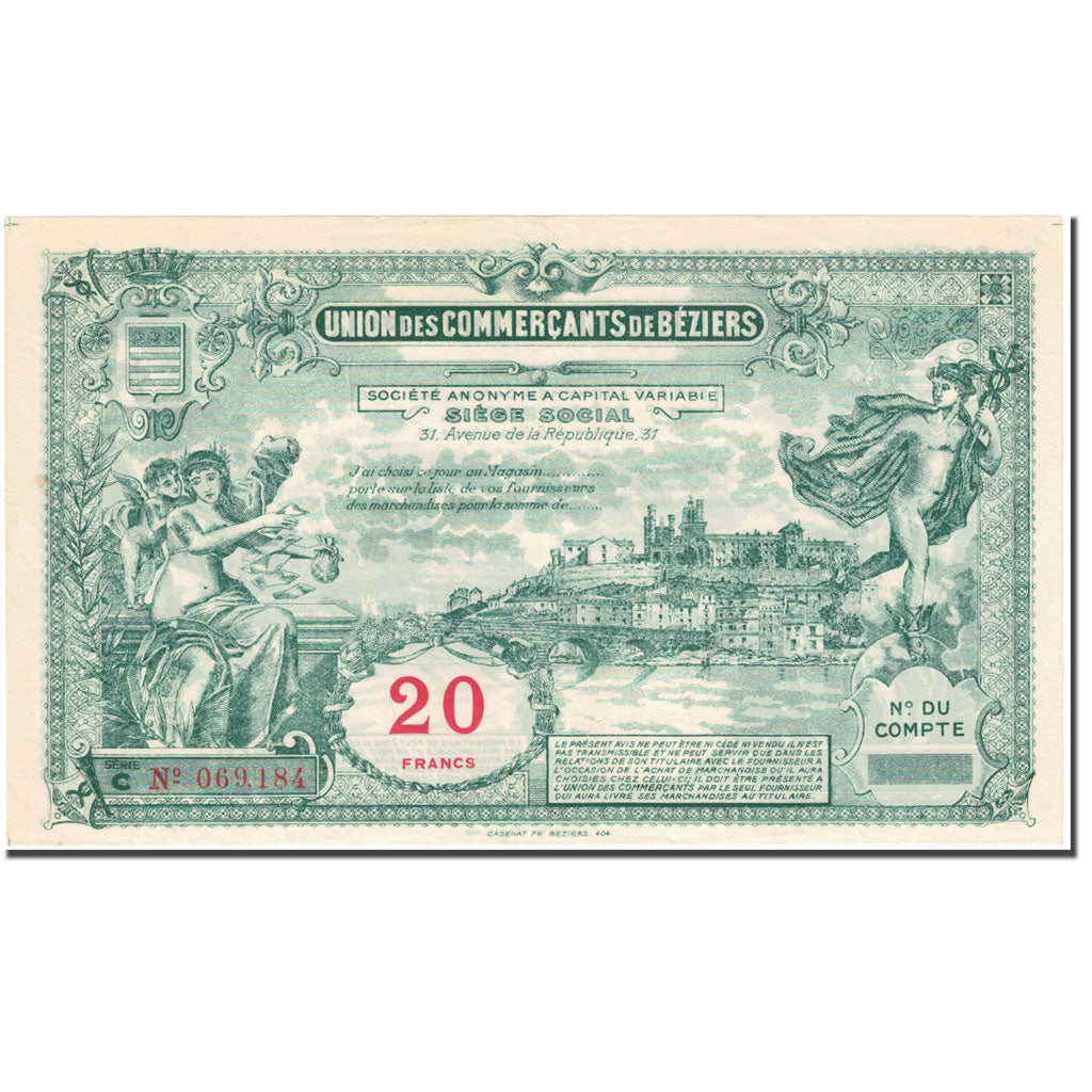 France, Béziers, 20 Francs, UNION DES COMMERCANTS, UNC(65-70)