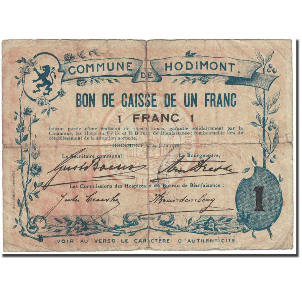 Banknote, Belgium, Hodimont, 1 Franc, Bon de Caisse, 1915, 1915-06-30, Bon de
