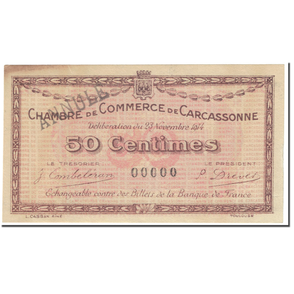 France, Carcassonne, 50 Centimes, 1914, Chambre de commerce / Annulé