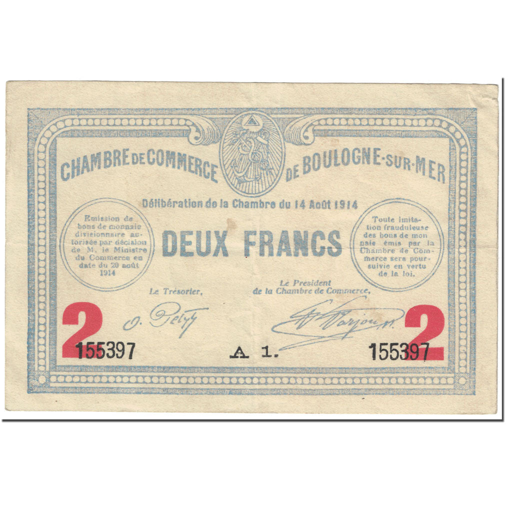 France, Boulogne-sur-Mer, 2 Francs, 1914, Chambre de Commerce, EF(40-45)
