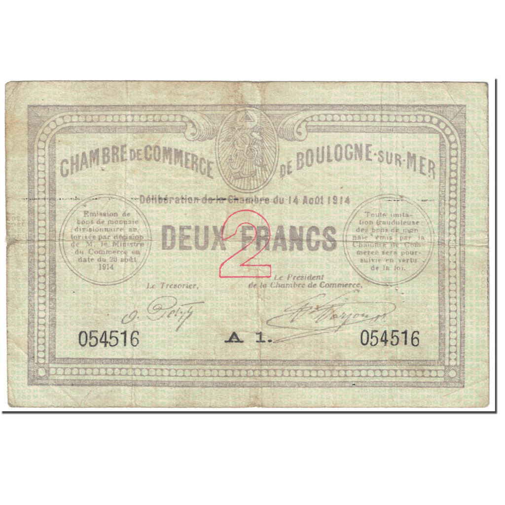 France, Boulogne-sur-Mer, 2 Francs, 1914, Chambre de Commerce, VF(20-25)