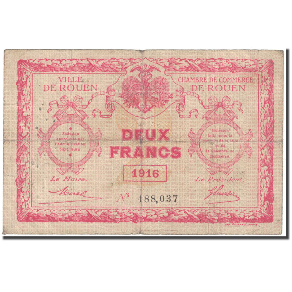 France, Rouen, 2 Francs, 1916, Chambre de Commerce, EF(40-45), Pirot:110-25