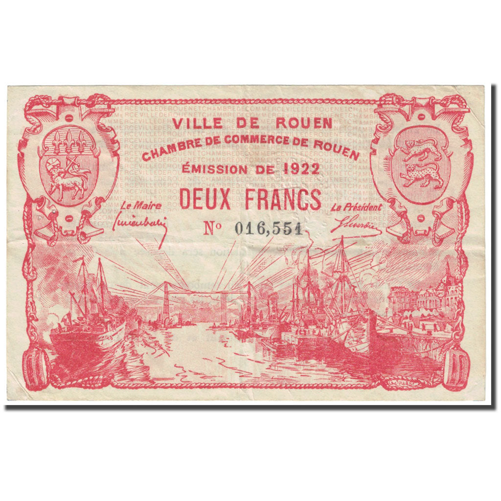 France, Rouen, 2 Francs, 1922, Chambre de Commerce, VF(20-25), Pirot:110-66