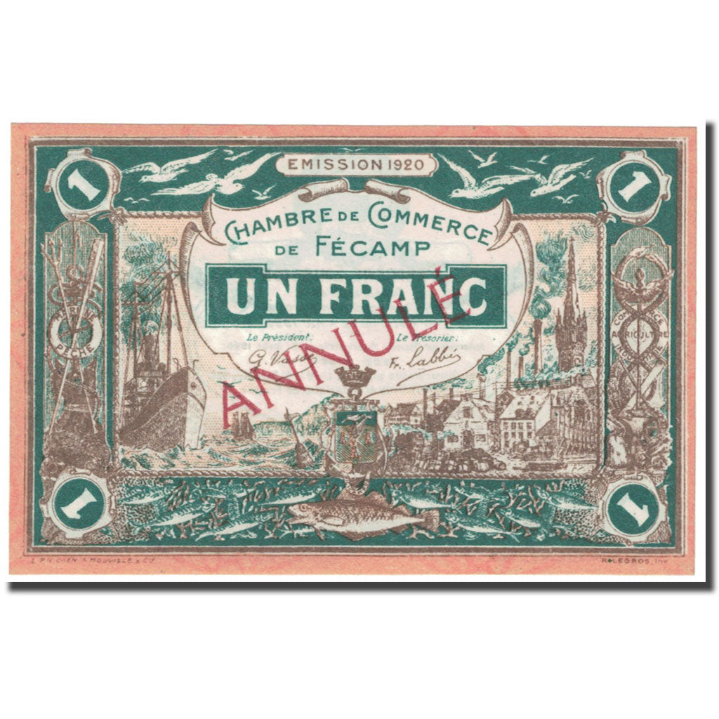 Francia, Fécamp, 1 Franc, 1920, Chambre de commerce / Annulé, UNC, Pirot:58-4
