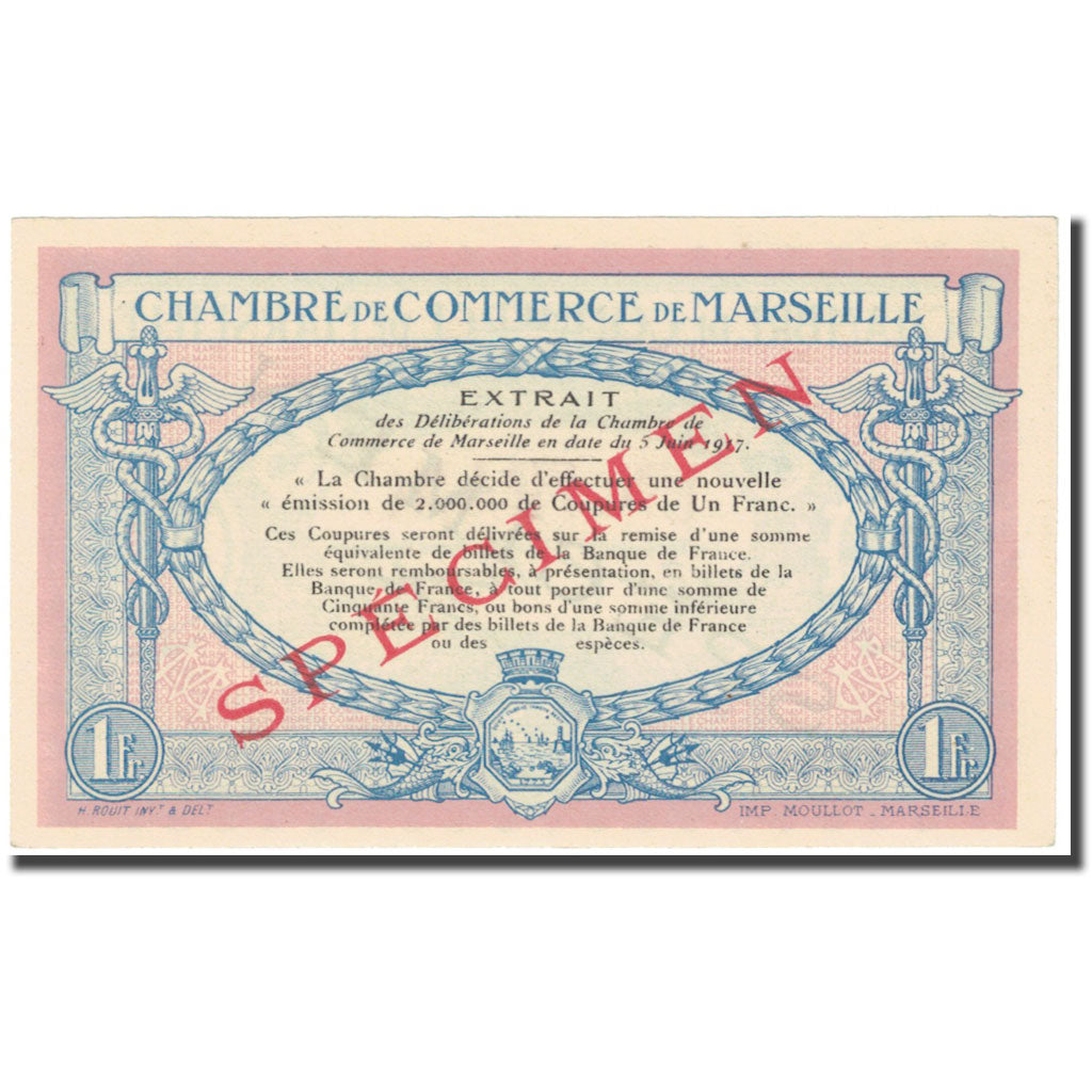 França, Marseille, 1 Franc, 1917, Chambre de commerce / Specimen, UNC(65-70)
