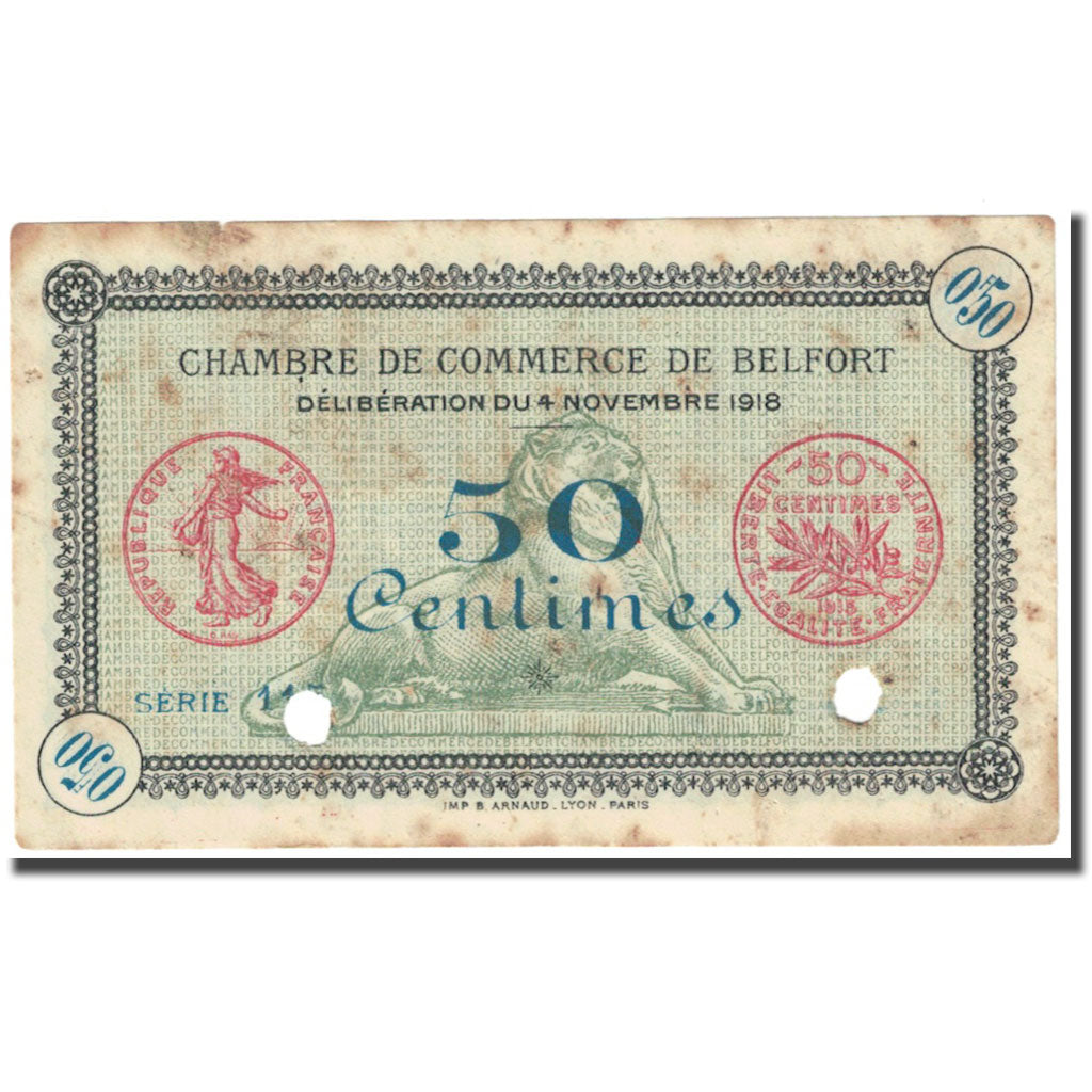 France, Belfort, 50 Centimes, 1918, Chambre de commerce / Annulé, VG(8-10)
