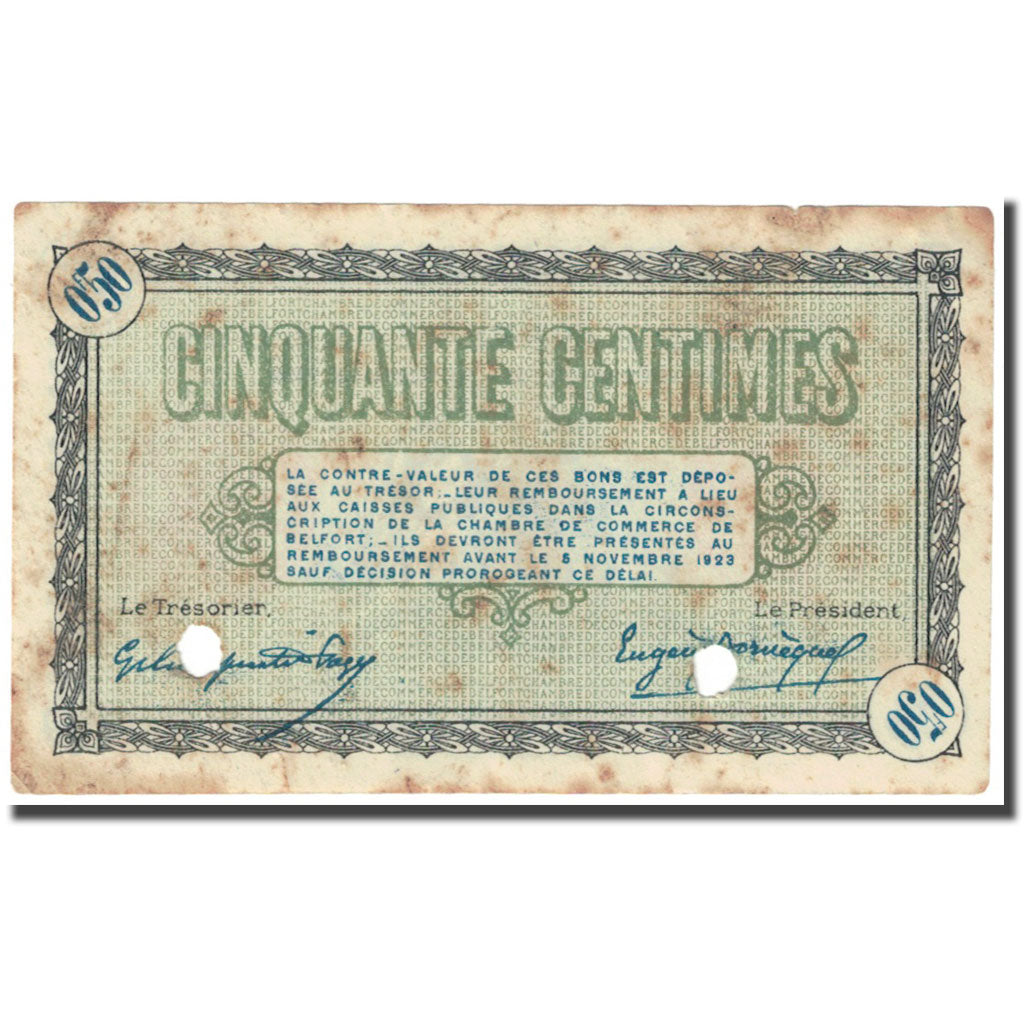 France, Belfort, 50 Centimes, 1918, Chambre de commerce / Annulé, VG(8-10)
