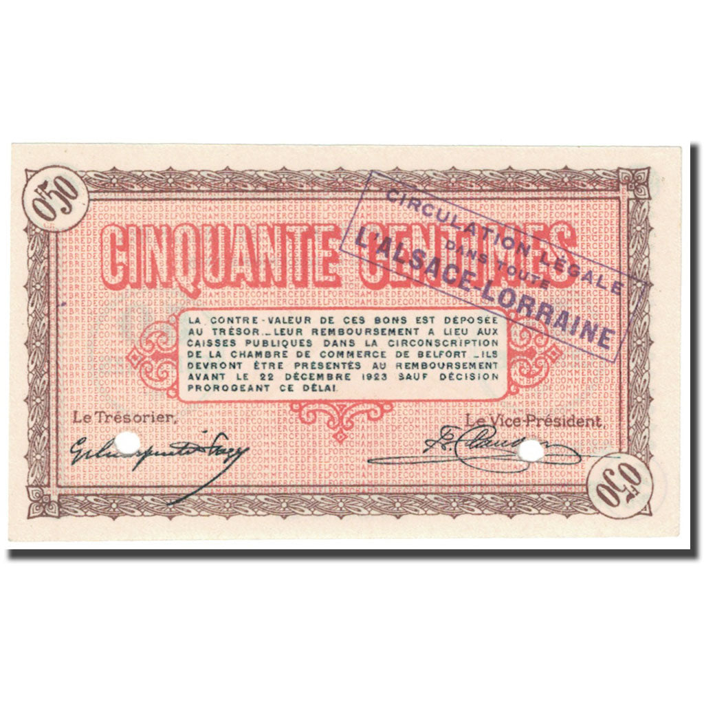 Francja, Belfort, 50 Centimes, 1918, Chambre de commerce / Annulé, UNC(65-70)