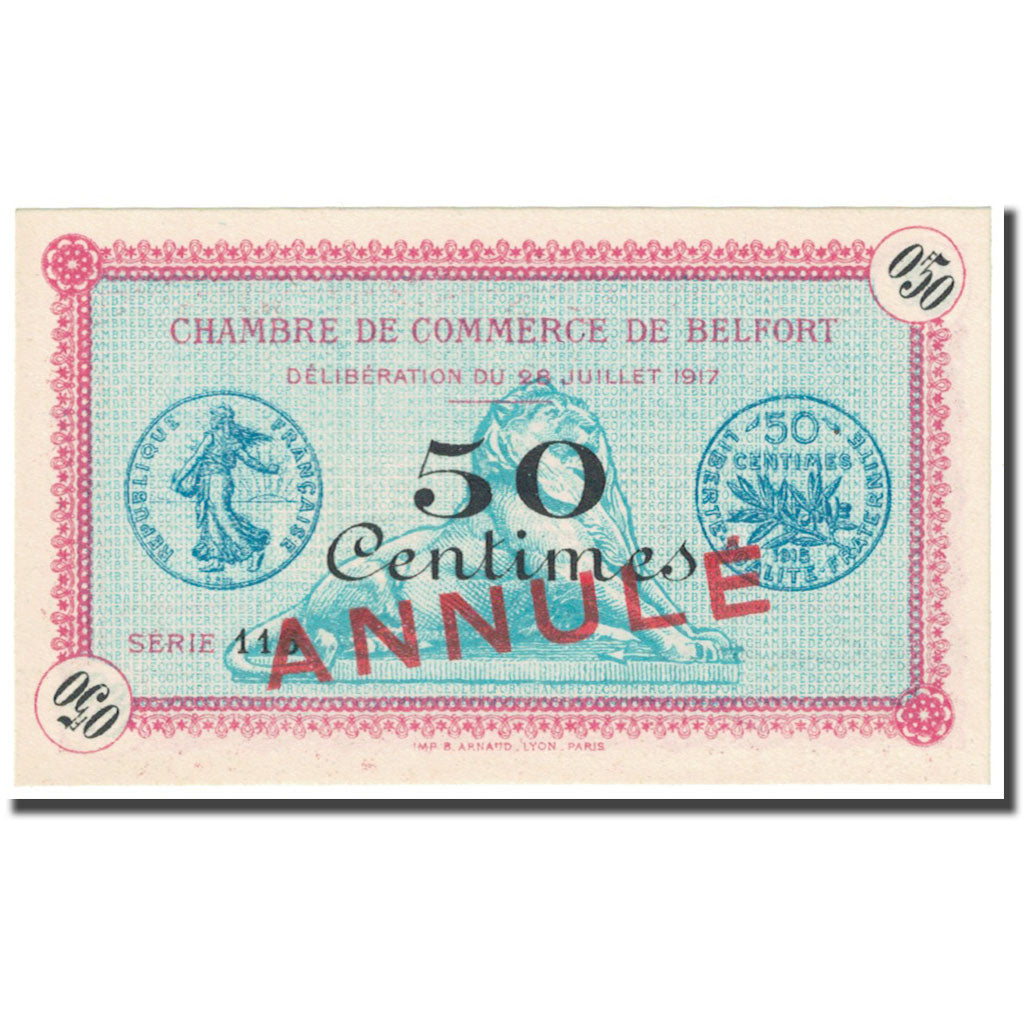 France, Belfort, 50 Centimes, 1917, Chambre de commerce / Annulé, UNC(65-70)