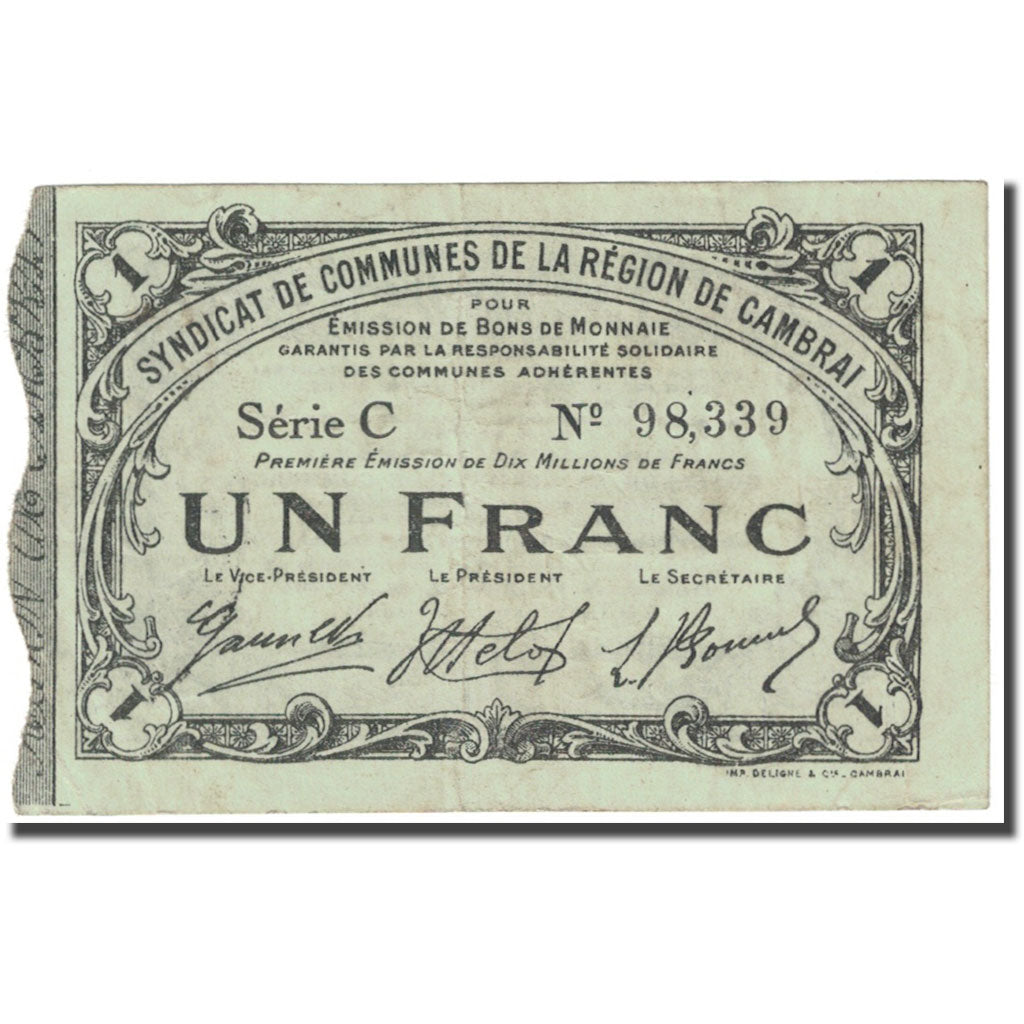 Francia, Cambrai, 1 Franc, 1916, Syndicat de communes, BC, Pirot:59-469
