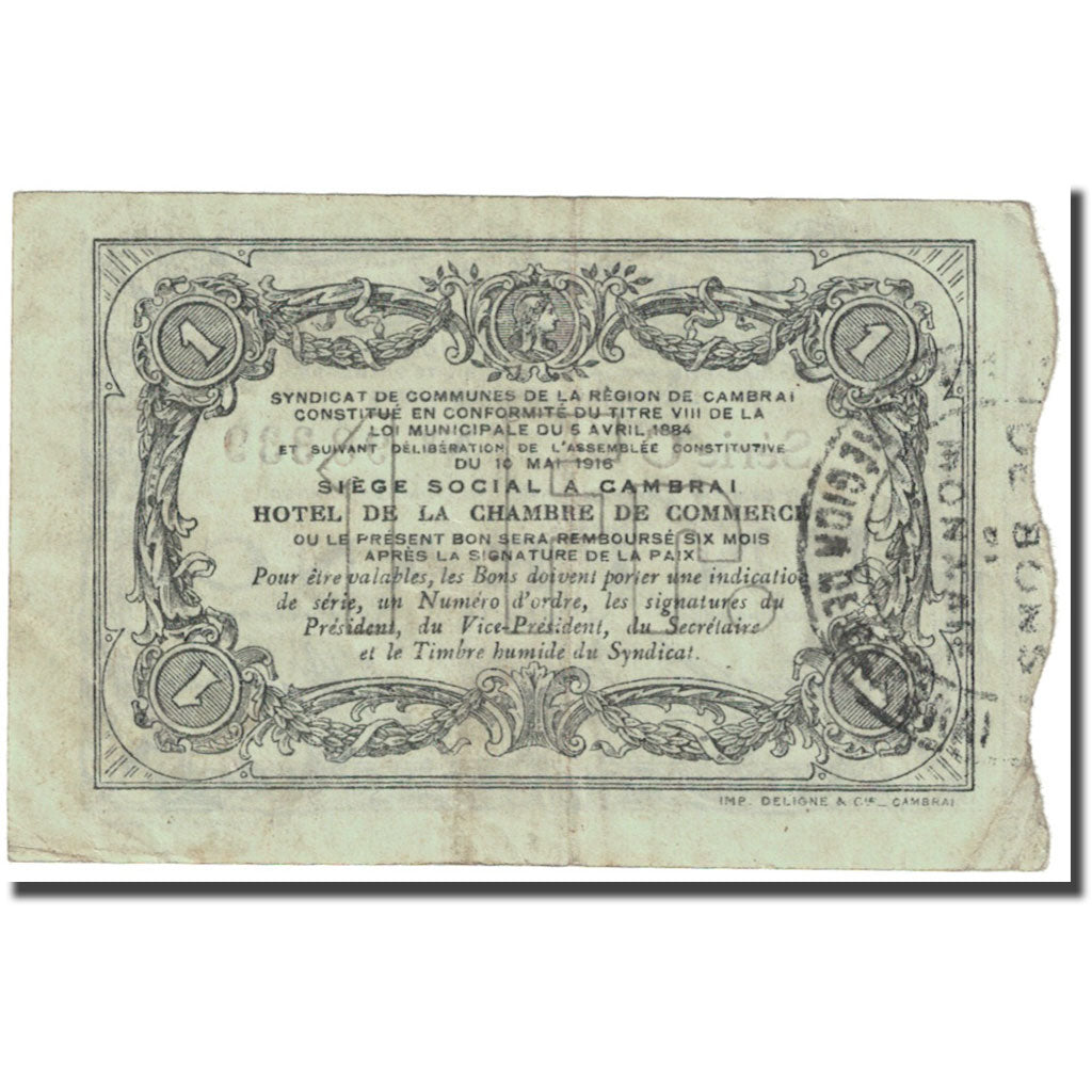 Francia, Cambrai, 1 Franc, 1916, Syndicat de communes, BC, Pirot:59-469