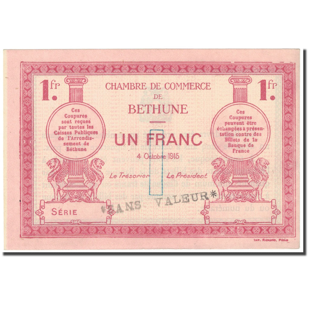 Francia, Béthune, 1 Franc, 1915, Chambre de commerce / Sans Valeur, UNC