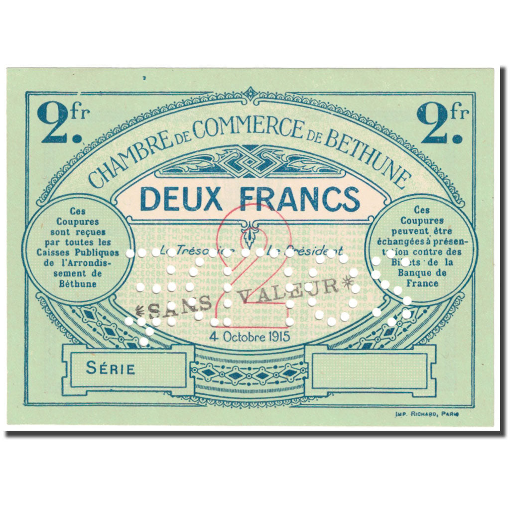 France, Béthune, 2 Francs, 1915, Chambre de commerce / Sans Valeur, UNC(65-70)