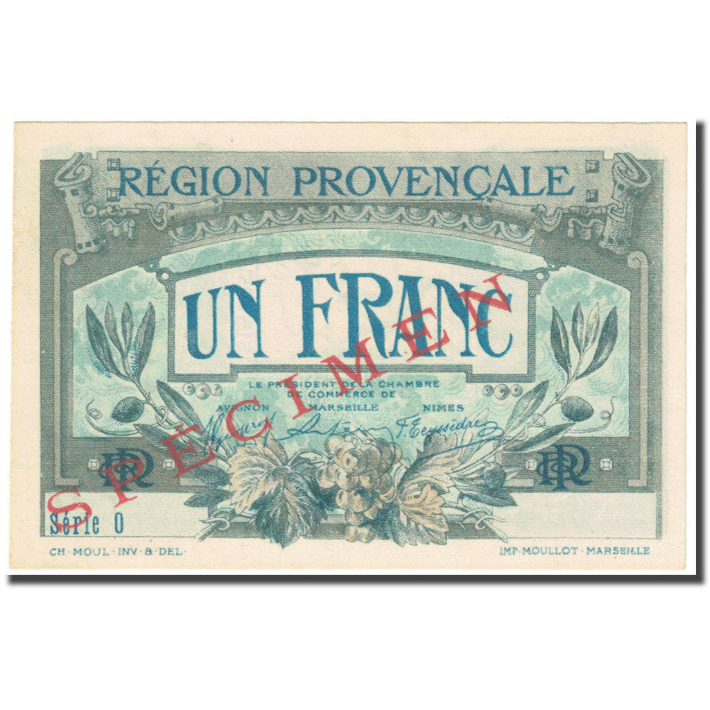 France, Région Provençale, 1 Franc, Chambre de commerce / Specimen, AU(55-58)