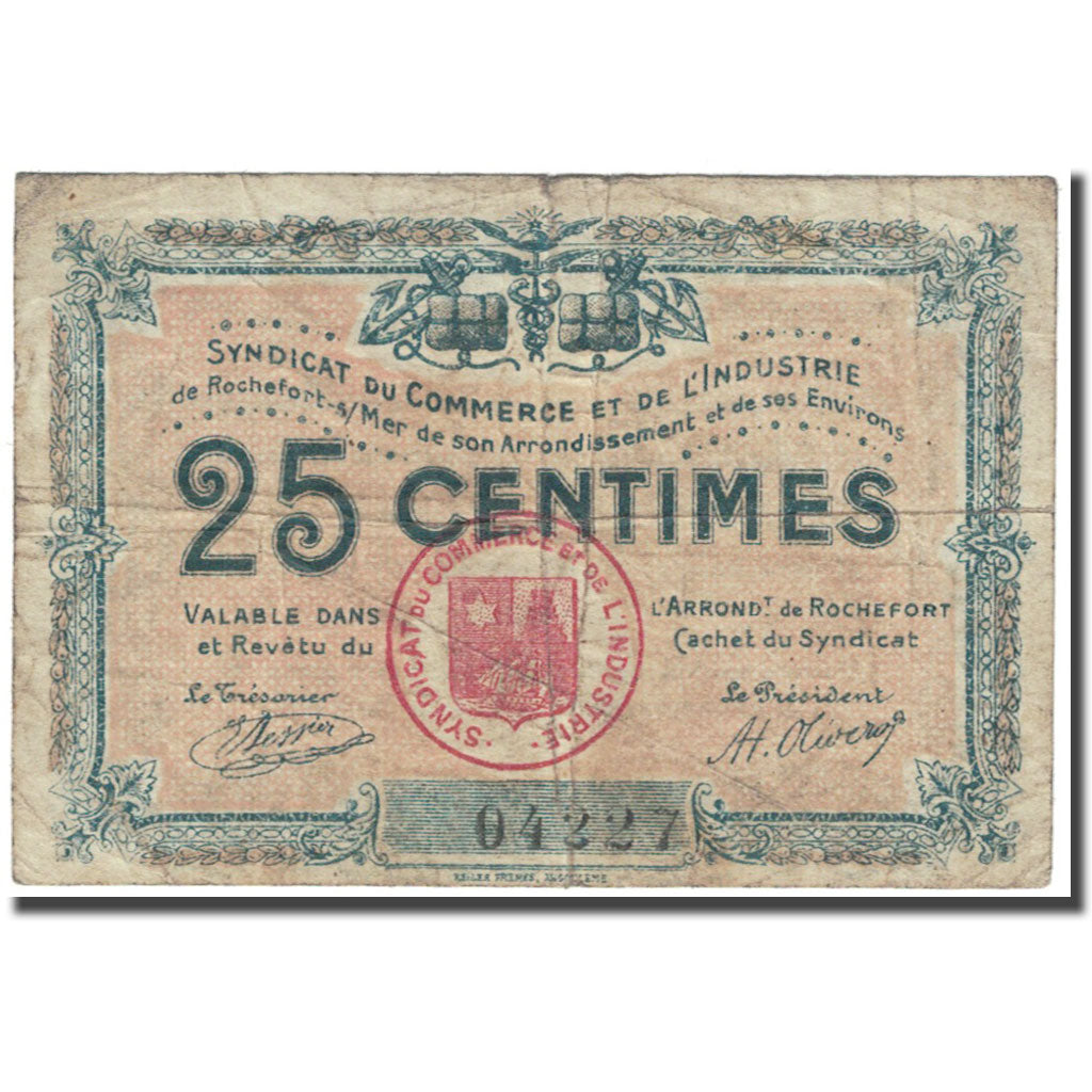 France, Rochefort-sur-Mer, 25 Centimes, Chambre de Commerce, VG(8-10), Pirot:NON